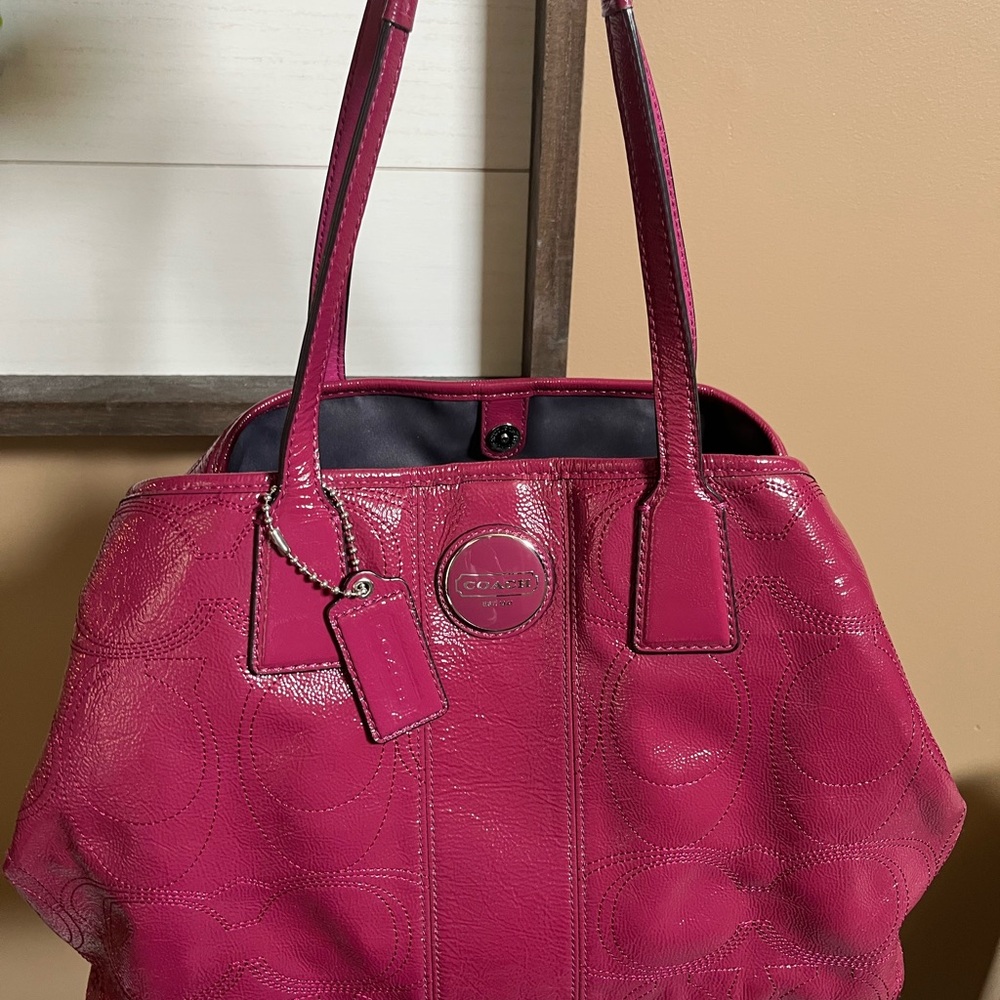 Coach Pink Signature Patent Leather Shoulder Bag